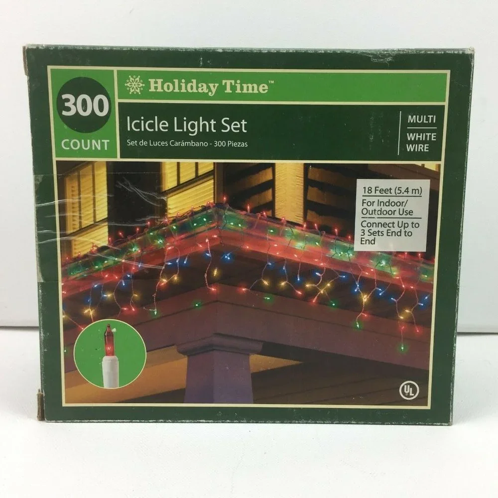 Holiday Time 300 Christmas 18 Ft Multicolor Bulbs White Wire Icicle Light Set